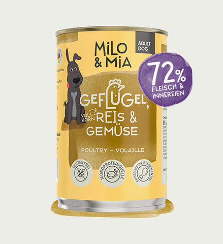 Produktabbildung Nassfutter für Hunde, Sorte Geflügel, Reis & Gemüse