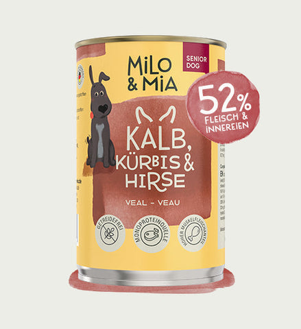 Produktabbildung Nassfutter für Hunde, Sorte Kalb, Kürbis und Hirse.