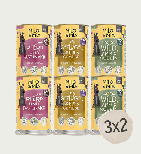 Probierpaket Nassfutter Adult für Hunde, drei Sorten Pferd, Geflügel und Wild