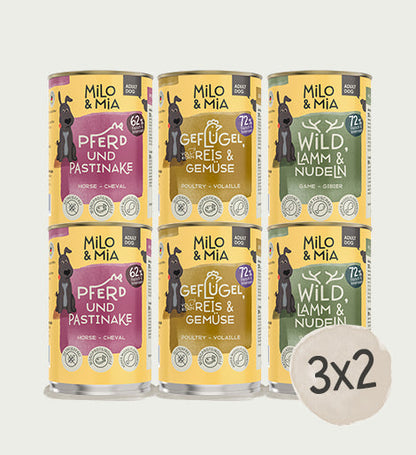 Probierpaket Nassfutter Adult für Hunde, drei Sorten Pferd, Geflügel und Wild